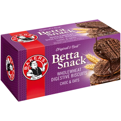 Bakers Betta Snack Chocolate & Oats Flavoured Wholewheat Digestive Biscuits 200g