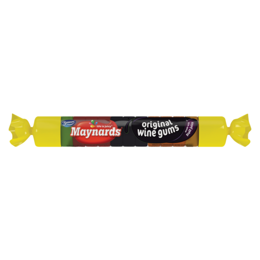 One yellow plastic tube of Maynards original wine gums with a red and black label.