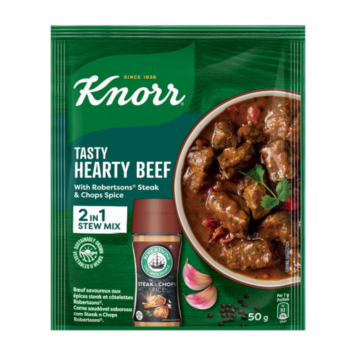 Knorr Tasty Hearty Beef 2-in-1 Stew Mix with Robertsons Steak and Chops Spice 50g