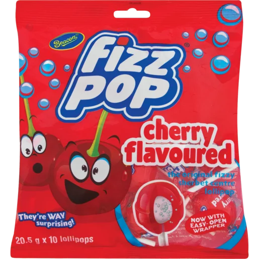 Beacon Fizz Pop Cherry Flavored Lollipops, 10 Pcs.