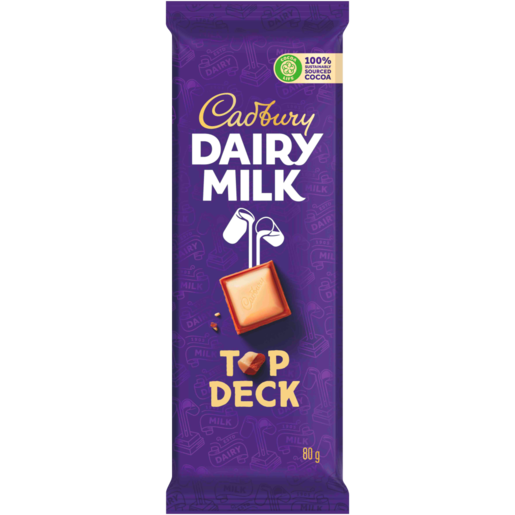 One purple plastic Cadbury Dairy Milk Top Deck 80 g chocolate bar wrapper with a white and milk chocolate square.