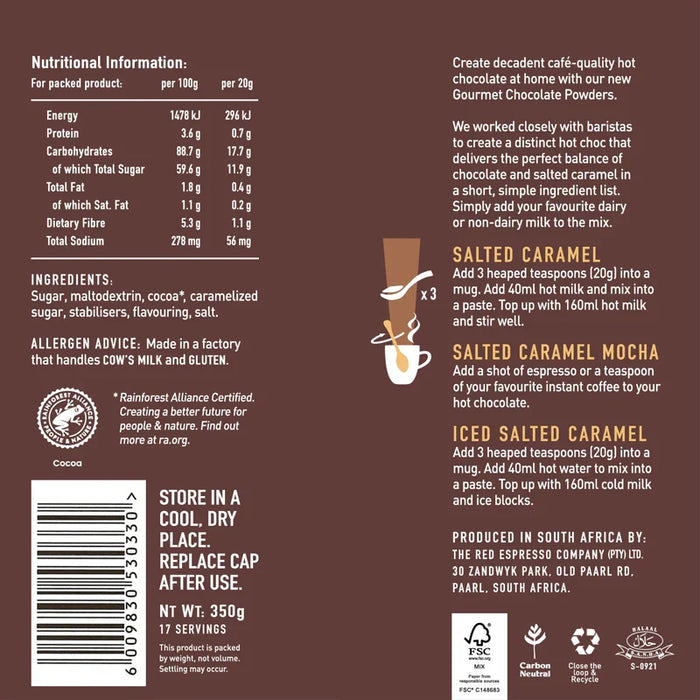 Red Espresso Gourmet Hot  Chocolate - Salted Caramel Tin 350g